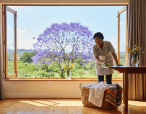 Image of a person happily wiping down a table in a bright room with large open windows looking out onto a vibrant green landscape with a blooming purple jacaranda tree. There's a wicker basket with clean laundry nearby.